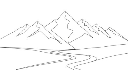 Continuous line drawing of mountain landscape with winding road minimalist mountain range peaks and valley nature scenery one line art illustration of mountains and path © Mamun