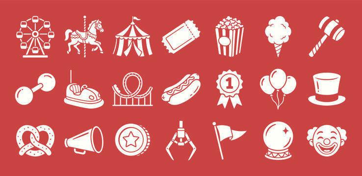 Amusement park rubber hose style icons for vintage carnival and circus event branding