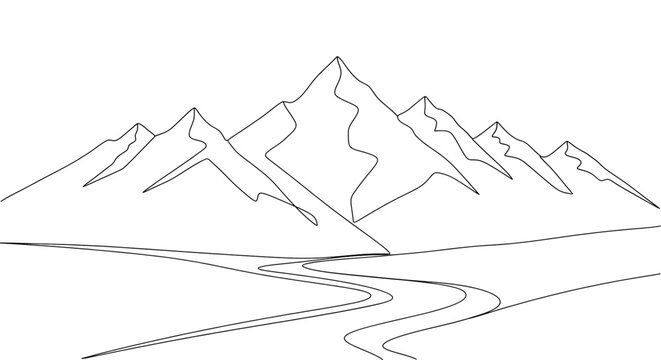 Continuous line drawing of mountain landscape with winding road minimalist mountain range peaks and valley nature scenery one line art illustration of mountains and path