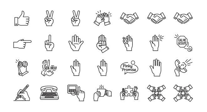 Set of hand gesture icons and communication symbols in minimalist line art style includes handshake, thumbs up, peace sign, pointing, clapping, and teamwork icons