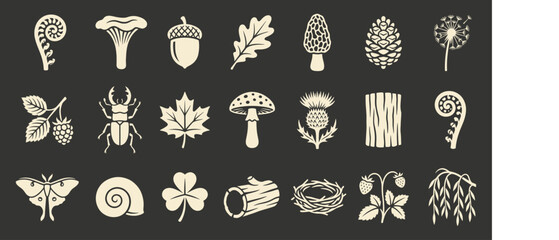 Forest nature elements icon set in vintage woodblock print style for sustainable branding © 777SKYLABS