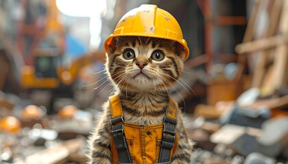 Adorable kitten in construction gear, posing with a focused expression