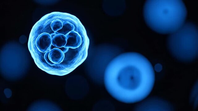 Microscopic 3D illustration of a biological cell showing internal organelles and dark blue structures, featuring a glowing cyan membrane against a black background with bokeh.