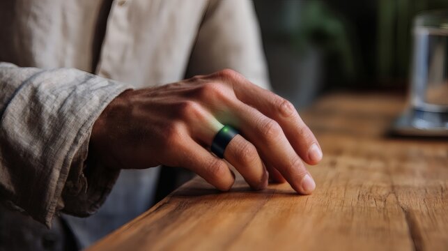 Macro POV of a hand wearing a minimalist smart ring making contactless payment on a wooden desk with holographic green pulse.