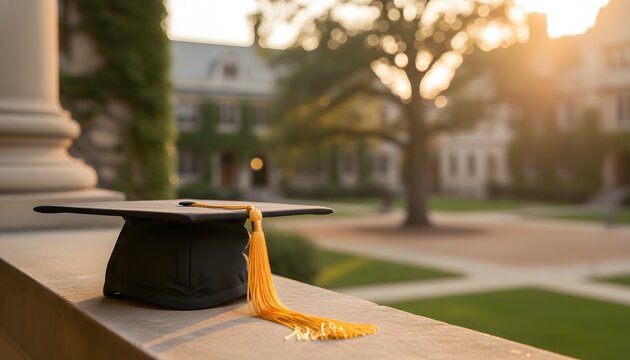 Black graduation cap and tassel resting on a stone ledge with a blurred outdoor background of a university campus for a university graduation concept of success and achievement
