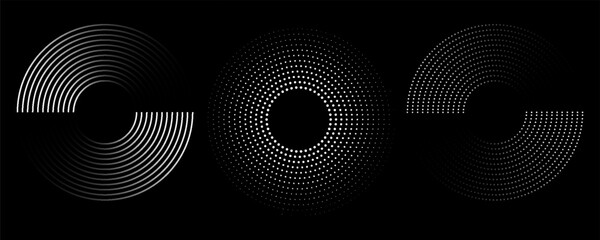 Set of speed lines in circle form. Halftone dotted speed lines. Abstract geometric circles with rotating radial lines. Design element for logo, prints, template or posters. Vector illustration. © albaihaki
