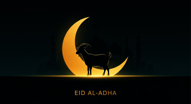 Eid Al Adha Greeting Card with Goat Silhouette and Glowing Moon