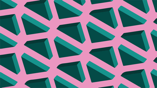 Triangles form background pattern with pink and green colors
