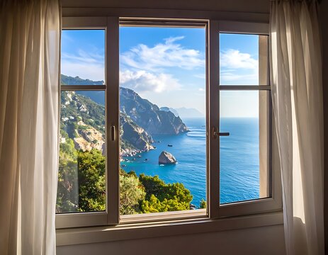 A serene ocean view through an open window