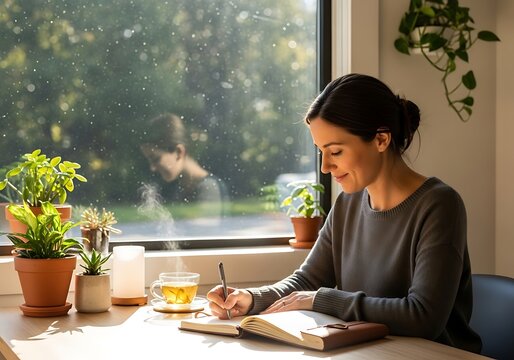 Woman writing in a notebook near a window with plants and sunlight