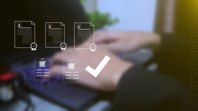 Businessman managing digital documents and task approval process on laptop. Smart technology interface for workflow automation, data management, productivity and online document verification.