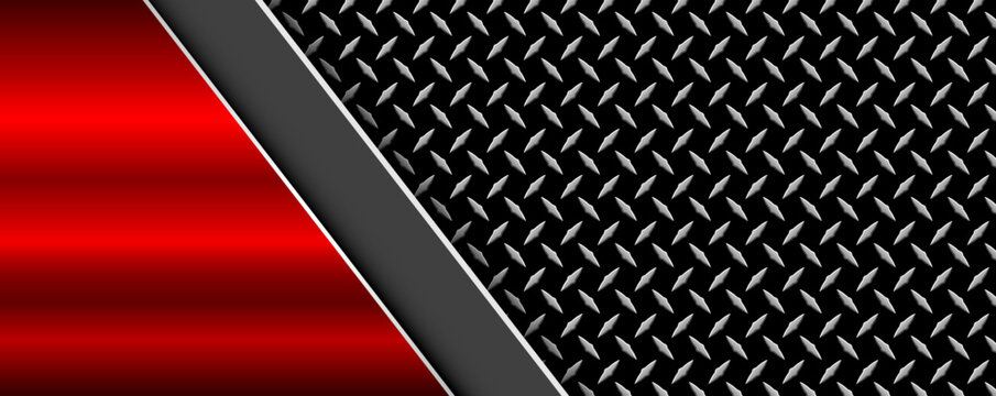 Red and black background with diamond plate pattern, abstract industrial metal banner.