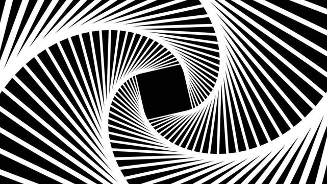 Abstract black and white background hypnotic animation, wavy stripes pattern, interesting spiral monochrome dynamic 4K animation, 3D render illustration.