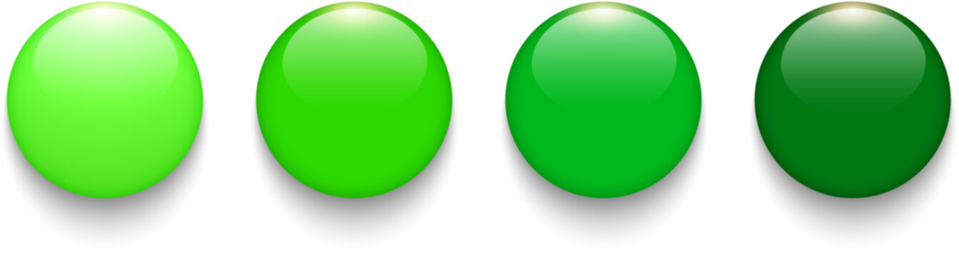 Green shiny buttons set, 3D circle shape glossy backgrounds for website.