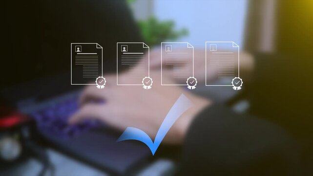 HR manager using laptop to select candidates with virtual profile icons and check mark. Concept of recruitment process, human resources management, employee hiring, and career choice.