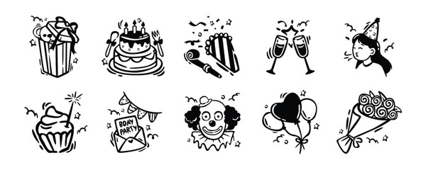 Hand drawn doodle birthday party celebration element set vector. Cute doodle birthday party illustration set for invitation and greeting card © Budogol
