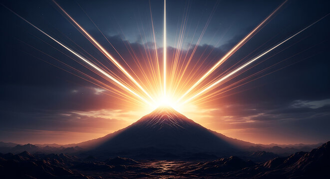 Majestic Sunrise Over a Volcanic Peak with Radiant Light Rays.