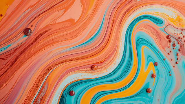 Abstract fluid art background with swirling orange and teal marble, smooth organic flowing forms