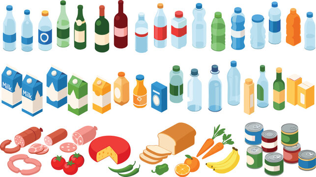 Isometric Grocery Store Food and Drink Product Collection with Bottles Dairy Meat and Fresh Vegetables Vector Illustration