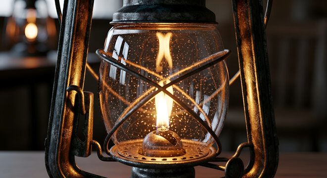 Close-up of a vintage kerosene lantern with a glowing flame inside.