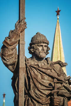 Moscow, Russia-February 23,2025: Statue of Prince Vladimir Holding a Sword With a Landmark in the Background During Clear Weather in Russia