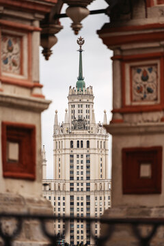 Moscow, Russia-October 20,2025: View of a Historic Building high-rise building on Kotelnicheskaya in the City Framed by Architectural Details on a Cloudy Day in Autumn