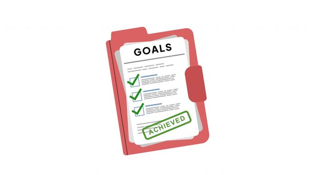 Animation of a Goals Document Sheet with Achieved Stamp Effect for Success Tracking, Productivity and Business Performance