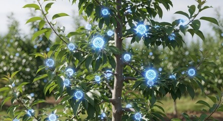 Fototapeta premium A close-up of a fruit tree branch with luminous blue spheres of light, representing innovative growth in an orchard setting.