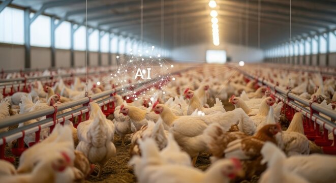 Modern chicken farm integrated with artificial intelligence insights for enhanced poultry production and efficiency