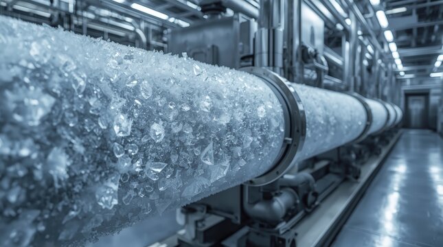 Industrial pipe covered in thick ice crystals in a cold factory setting with blurred machinery in the background