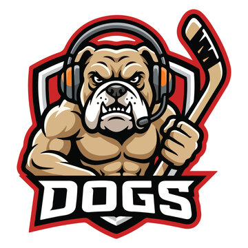 Muscular bulldog wearing headphones holding hockey stick team logo