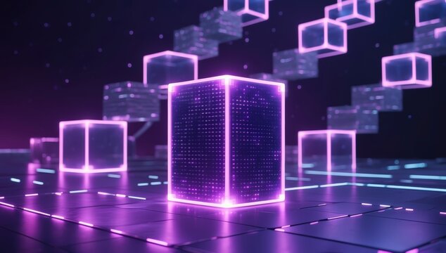 Futuristic glowing purple cube data visualization center stage surrounded by floating digital blocks on a reflective dark platform.