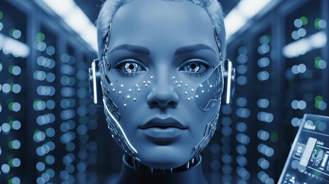Robot woman with facial recognition scan markers in futuristic data center. Female cyborg face undergoes biometric identification scan. Humanoid robot with facial scan points in server room with inter