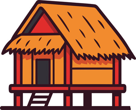 A colorful cartoon illustration of a traditional Southeast Asian stilt house on transparent background