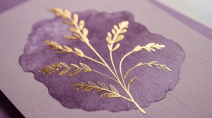 Gold line art illustration of a botanical branch printed on textured purple paper