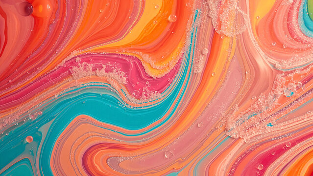 Vibrant Fluid Acrylic Abstract Swirl Background with Bubbles