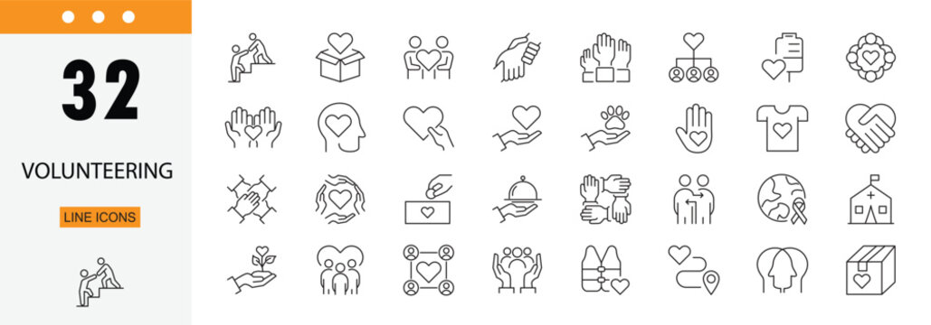 Volunteering icons set representing help, support, community service, charity work, teamwork and social contribution. Editable Stroke.