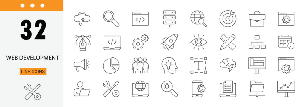 Web development icons set representing coding, programming, website design, front end, back end, development and digital solutions. Editable Stroke.