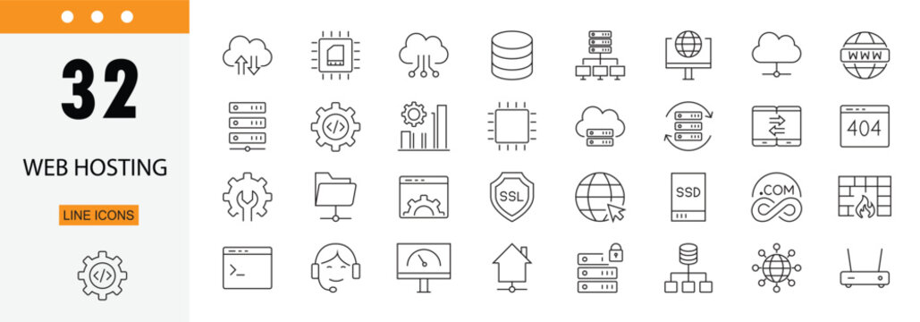 Web hosting icons set representing servers, domains, cloud storage, websites, data hosting, network and online services. Editable Stroke.