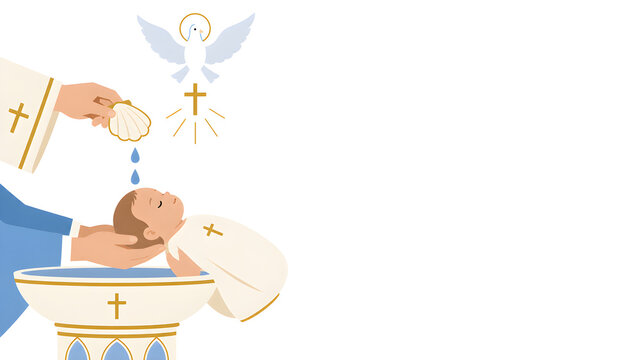 Christian Baptism Ceremony Icon Illustrating a Newborn Receiving Holy Water from a Priest in a Church Setting