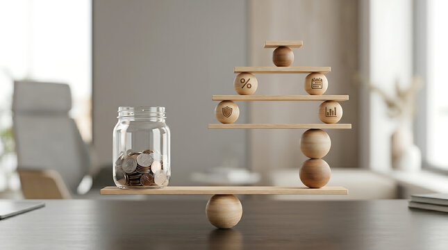 Financial investment concept with a jar of coins on a scale balanced against wooden spheres with icons representing retirement savings banking and wealth management strategy
