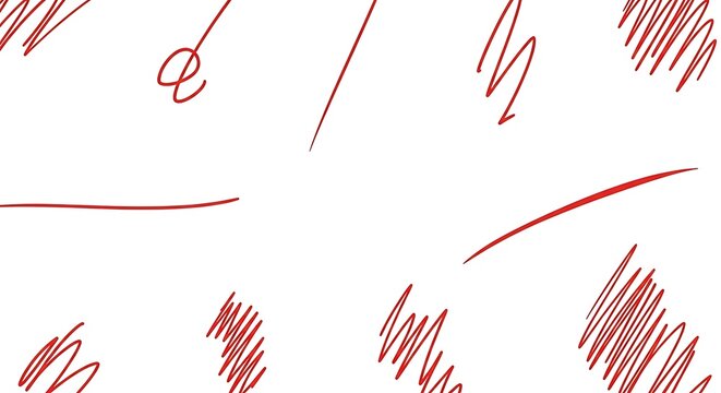 Vibrant collection of spontaneous red hand-drawn lines, expressive squiggles, and dynamic brush strokes on a clean white background, ideal for creative projects and graphic design applications