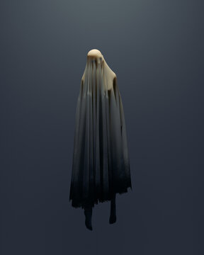 Floating Spooky Halloween Ghost Spirit Figure Haunting in Dark Mysterious Shadows 3d illustration
