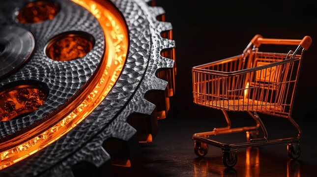 Golden shopping cart icon standing next to a large glowing mechanical gear on a dark surface representing the high cost and value of industrial retail technology and global supply chain systems