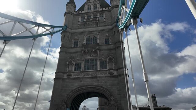 Iconic tower bridge architecture in london against a dynamic cloudy sky, showcasing the city's historical landmark and symbolizing uk business, economy, and finance
