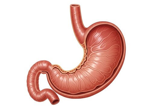 Anatomical illustration of human stomach and esophagus connected to small intestine digestive system diagram