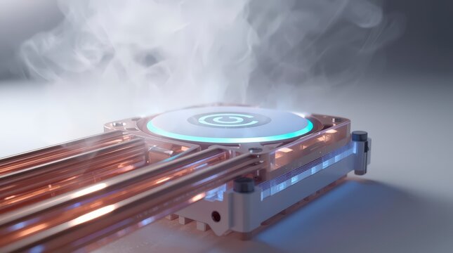 Advanced computer cooling fan with glowing blue ring and rising steam