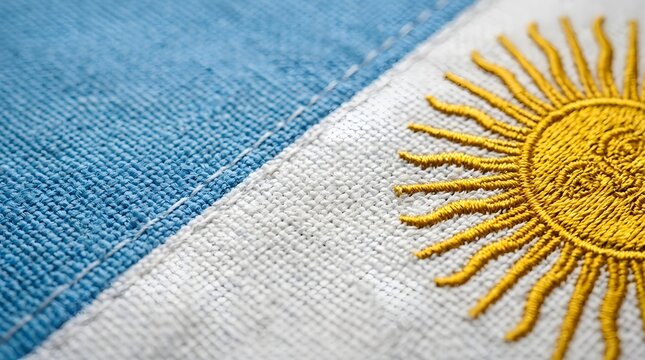 Close-up of Argentine flag fabric with sun emblem detail