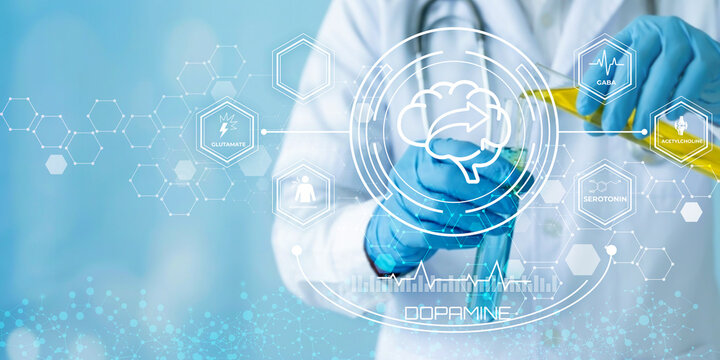 Scientist analyzing digital brain chemistry and neurotransmitter connections with futuristic technology interface