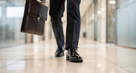Obraz premium Professional legs and briefcase walking down a modern office hallway, showcasing business travel, success, and corporate lifestyle with elegant footwear and attire